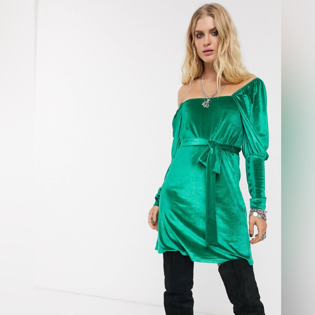 Asos Design Long Sleeve Square Neck Puff Sleeve Velvet Mini Dress In Green Sz 6